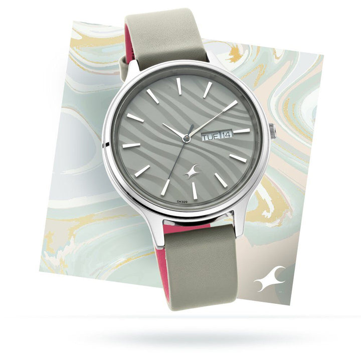 Fastrack Ruffles Quartz Analog with Day and Date Grey Dial Leather Strap Watch for Girls NS6207SL01