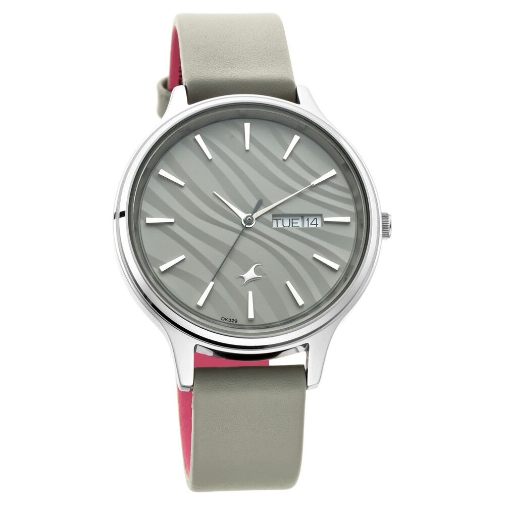 Fastrack Ruffles Quartz Analog with Day and Date Grey Dial Leather Strap Watch for Girls NS6207SL01