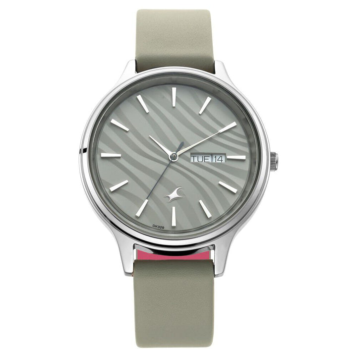 Fastrack Ruffles Quartz Analog with Day and Date Grey Dial Leather Strap Watch for Girls NS6207SL01