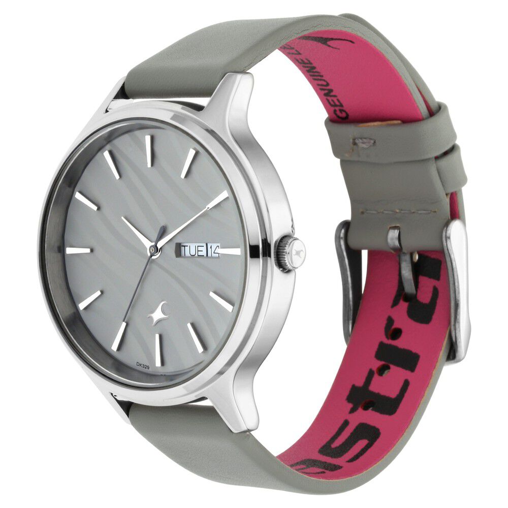 Fastrack Ruffles Quartz Analog with Day and Date Grey Dial Leather Strap Watch for Girls NS6207SL01