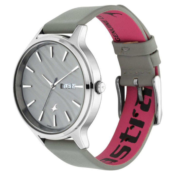 Fastrack Ruffles Quartz Analog with Day and Date Grey Dial Leather Strap Watch for Girls NS6207SL01
