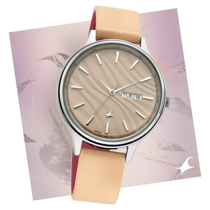 Fastrack Ruffles Quartz Analog with Day and Date Beige Dial Leather Strap Watch for Girls NS6207SL02