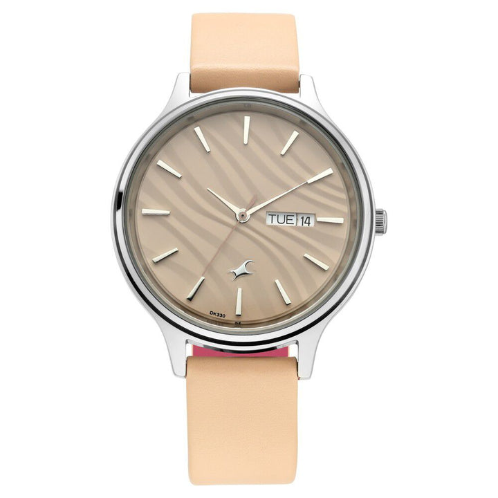 Fastrack Ruffles Quartz Analog with Day and Date Beige Dial Leather Strap Watch for Girls NS6207SL02