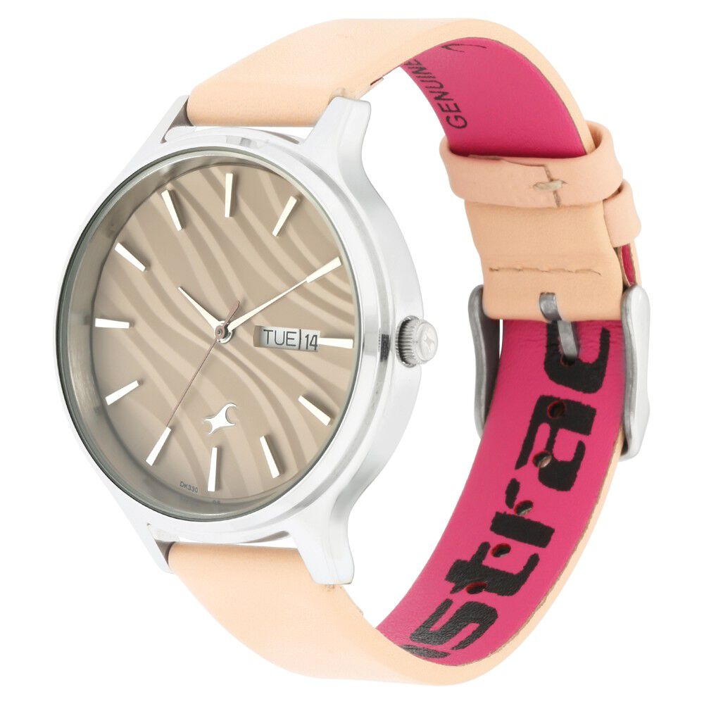 Fastrack Ruffles Quartz Analog with Day and Date Beige Dial Leather Strap Watch for Girls NS6207SL02