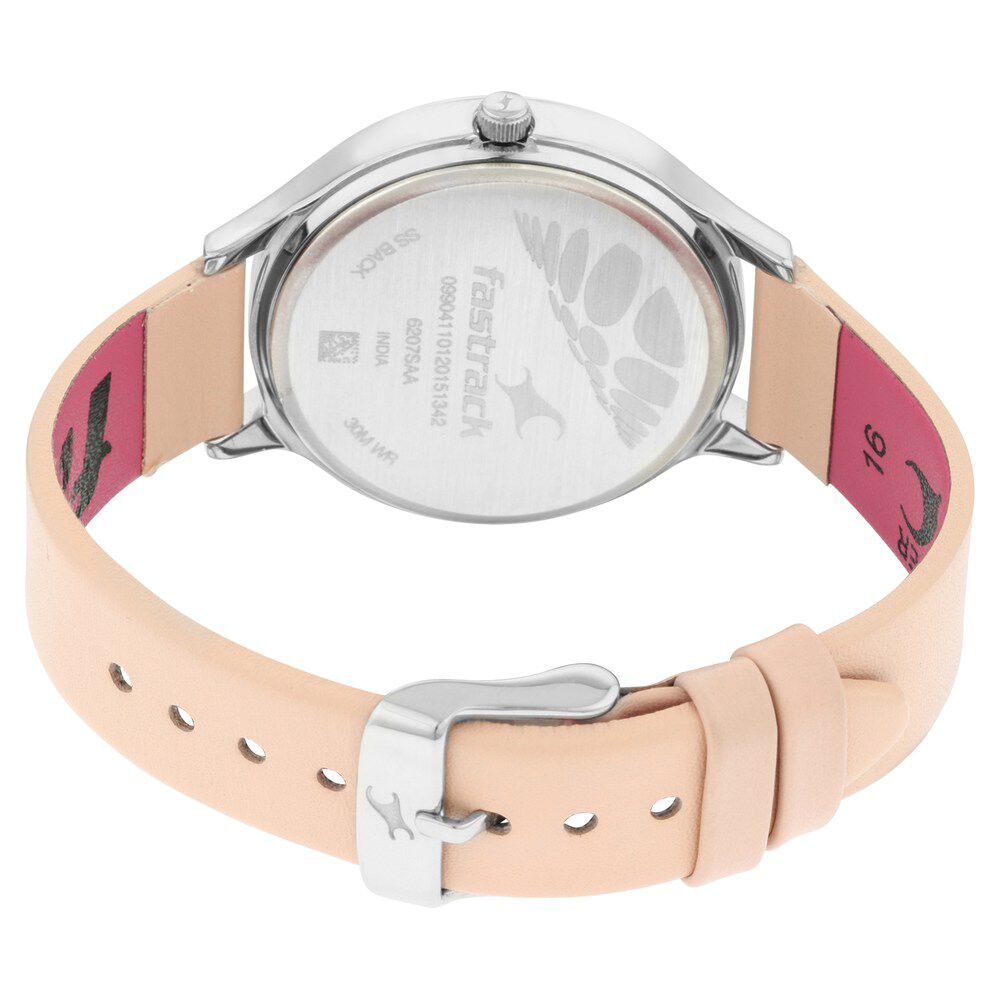 Fastrack Ruffles Quartz Analog with Day and Date Beige Dial Leather Strap Watch for Girls NS6207SL02