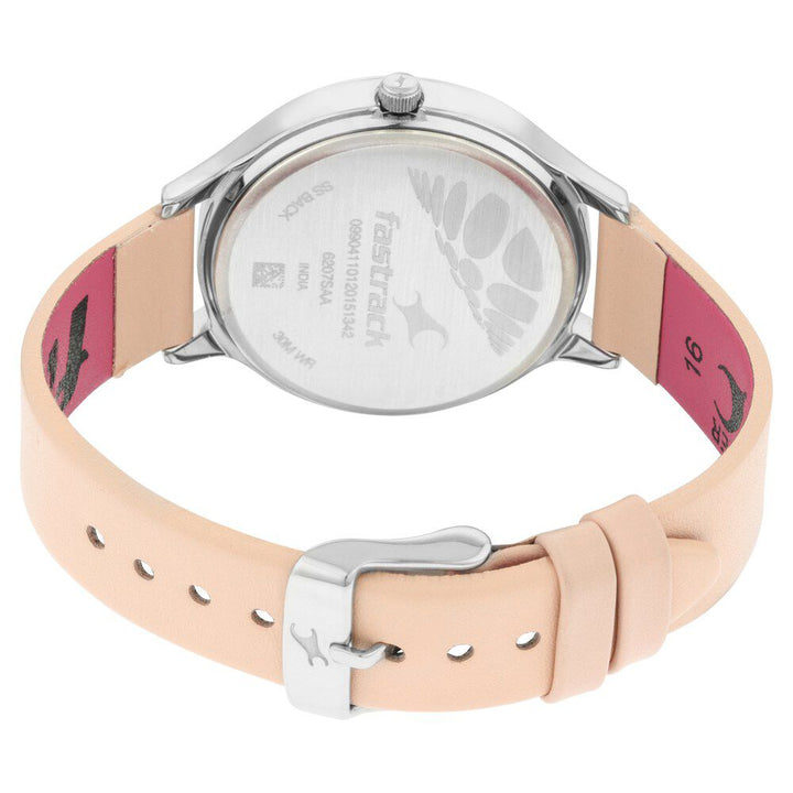 Fastrack Ruffles Quartz Analog with Day and Date Beige Dial Leather Strap Watch for Girls NS6207SL02