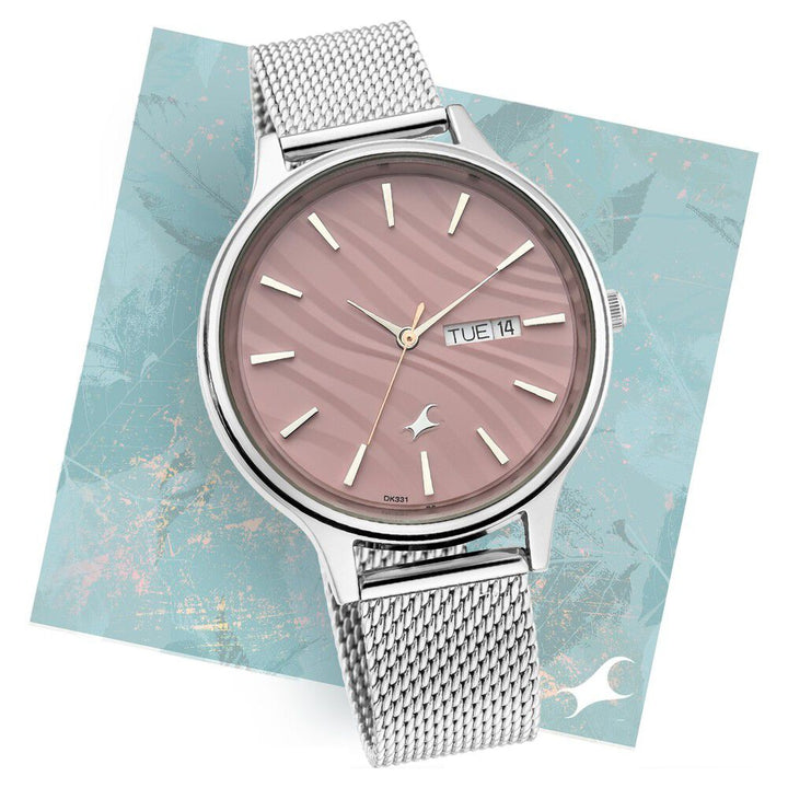 Fastrack Ruffles Quartz Analog with Day and Date Pink Dial Stainless Steel Strap Watch for Girls NR6207SM01