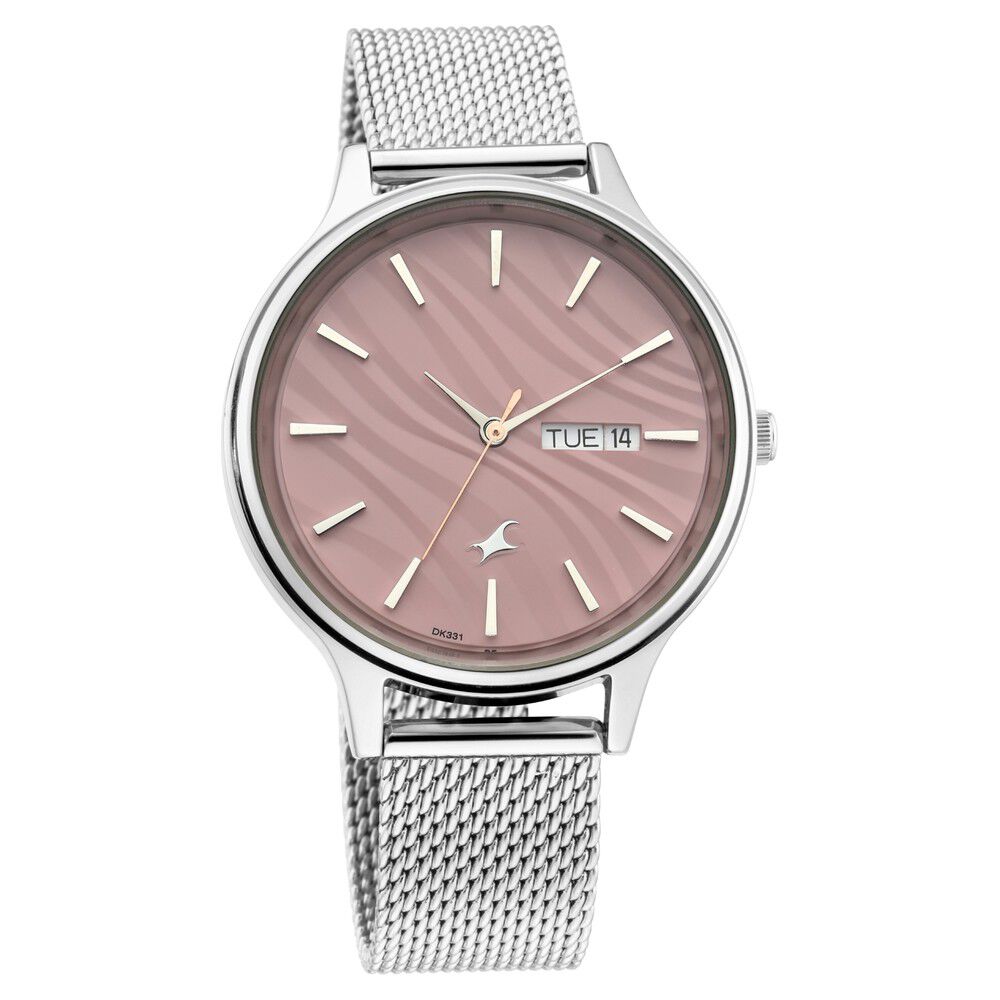 Fastrack Ruffles Quartz Analog with Day and Date Pink Dial Stainless Steel Strap Watch for Girls NR6207SM01