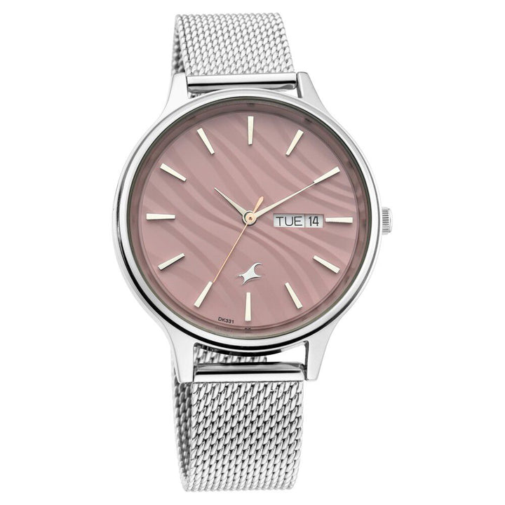 Fastrack Ruffles Quartz Analog with Day and Date Pink Dial Stainless Steel Strap Watch for Girls NR6207SM01