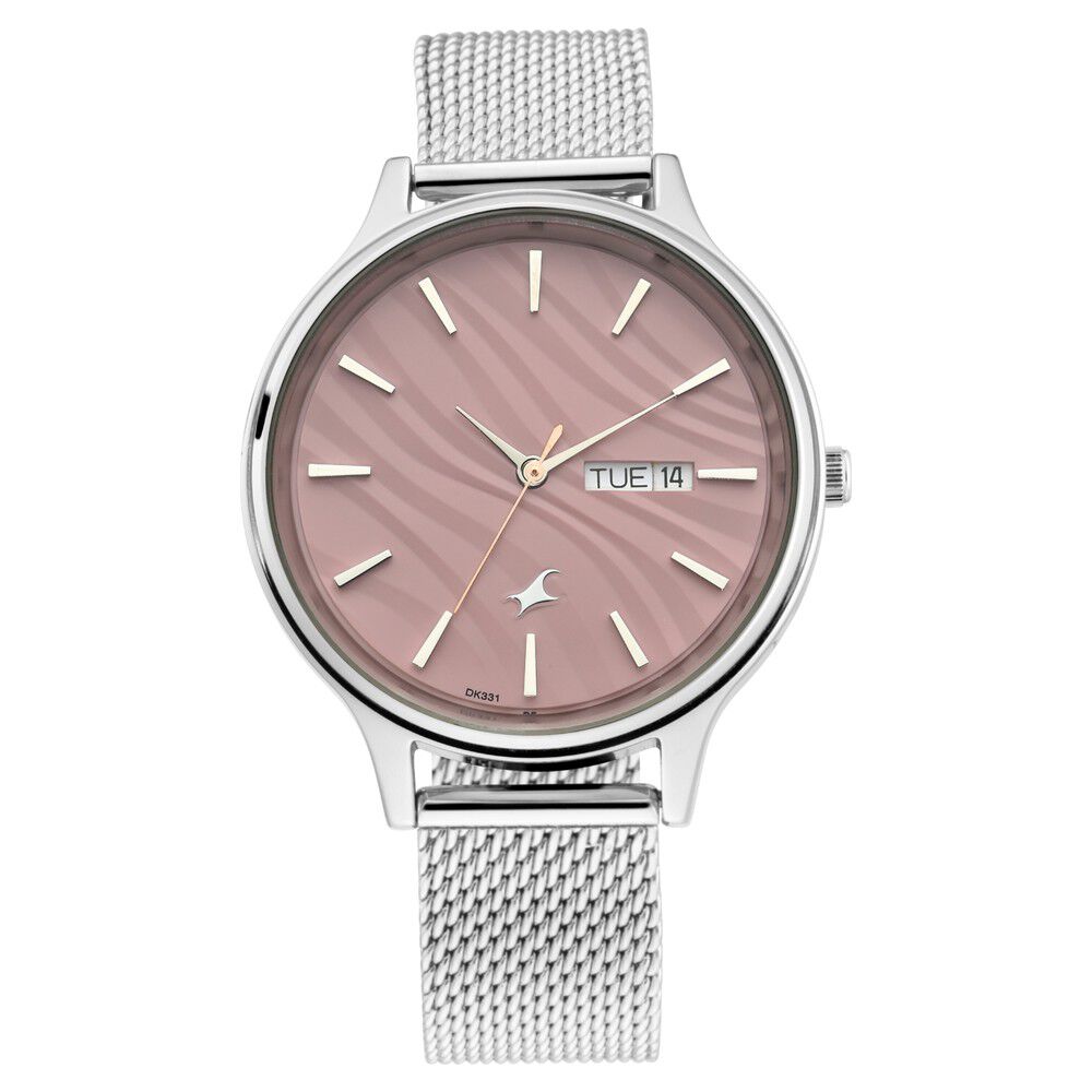 Fastrack Ruffles Quartz Analog with Day and Date Pink Dial Stainless Steel Strap Watch for Girls NR6207SM01