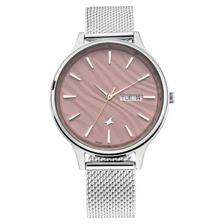 Fastrack Ruffles Quartz Analog with Day and Date Pink Dial Stainless Steel Strap Watch for Girls NR6207SM01