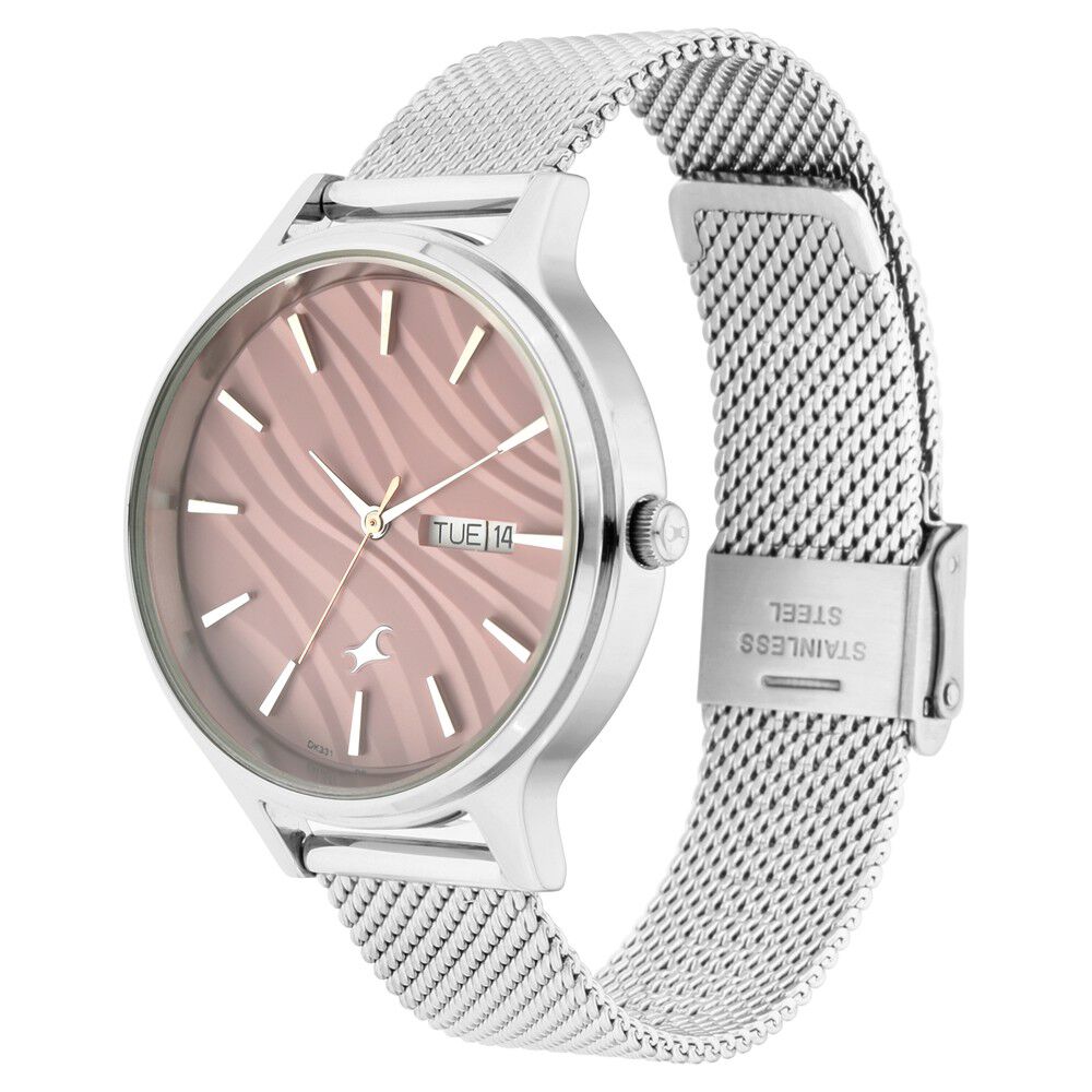 Fastrack Ruffles Quartz Analog with Day and Date Pink Dial Stainless Steel Strap Watch for Girls NR6207SM01