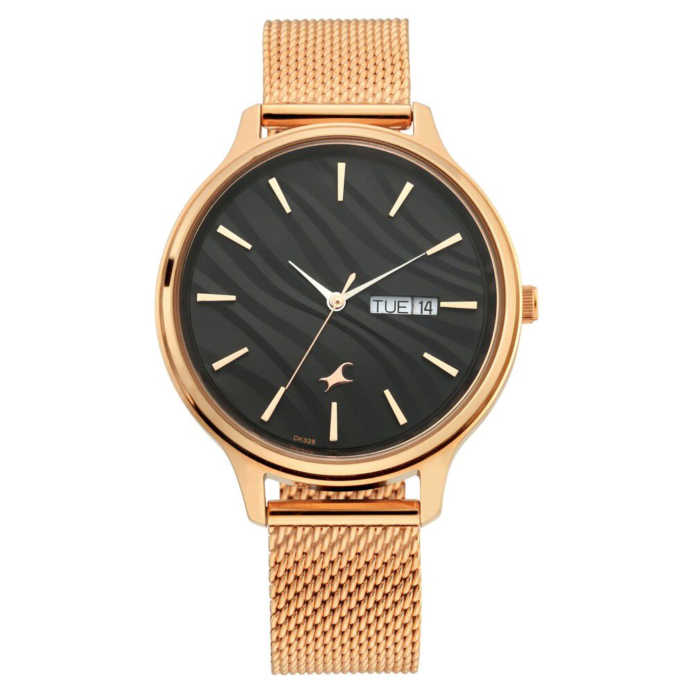 Fastrack Ruffles Quartz Analog with Day and Date Black Dial Stainless Steel Strap Watch for Girls NS6207WM01