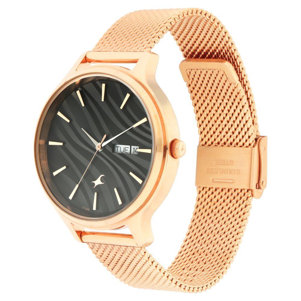 Fastrack Ruffles Quartz Analog with Day and Date Black Dial Stainless Steel Strap Watch for Girls NS6207WM01