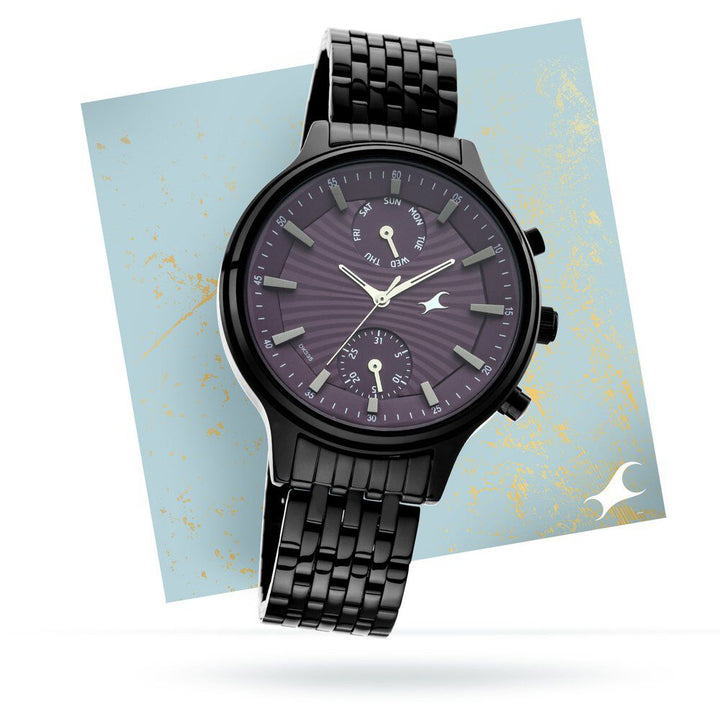 Fastrack Ruffles Quartz Multifunction Purple Dial Stainless Steel Strap Watch for Girls NS6208NM01