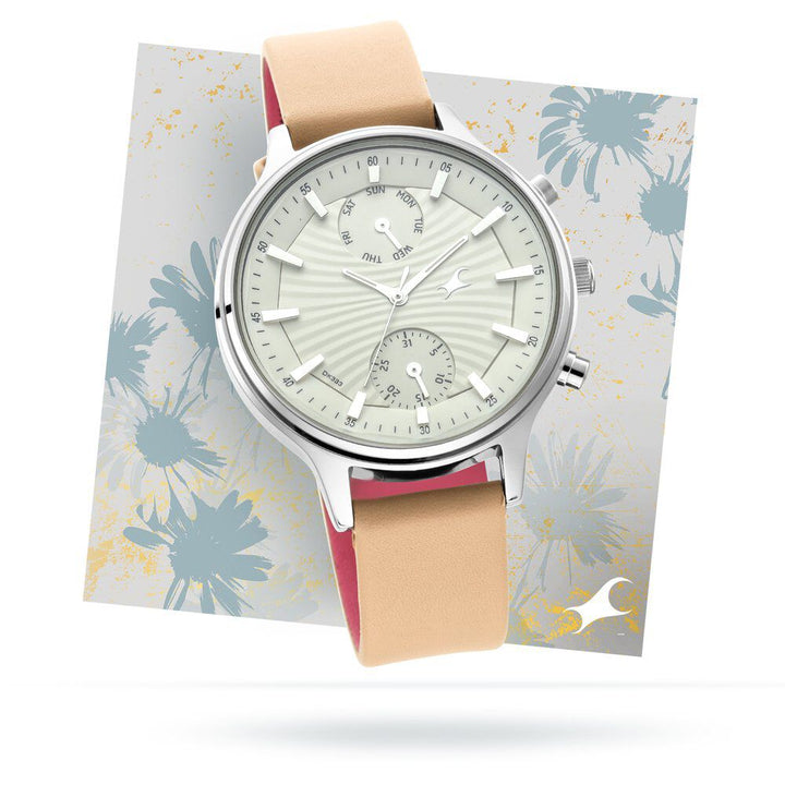 Fastrack Ruffles Quartz Multifunction Beige Dial Leather Strap Watch for Girls NR6208SL01