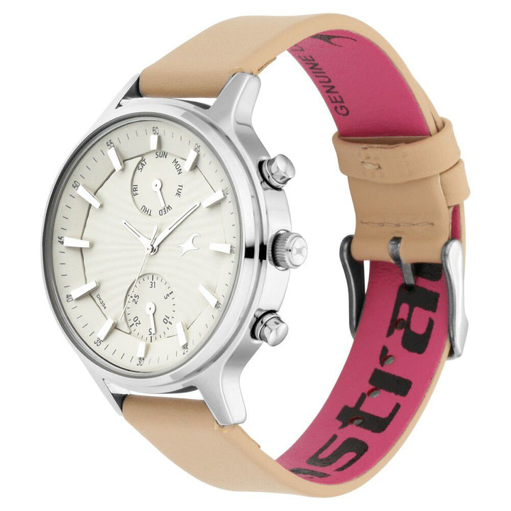 Fastrack Ruffles Quartz Multifunction Beige Dial Leather Strap Watch for Girls NR6208SL01