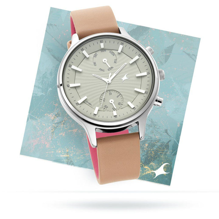 Fastrack Ruffles Quartz Multifunction Beige Dial Leather Strap Watch for Girls NS6208SL02