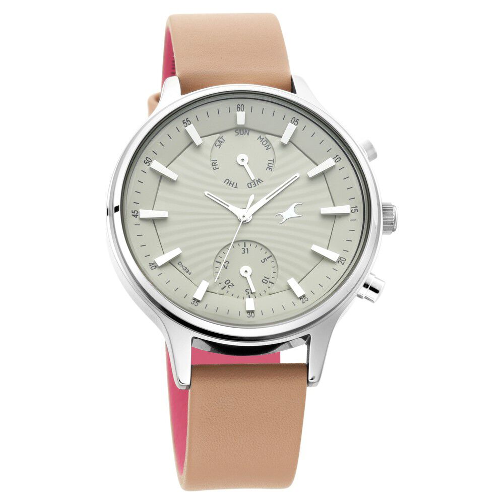 Fastrack Ruffles Quartz Multifunction Beige Dial Leather Strap Watch for Girls NS6208SL02