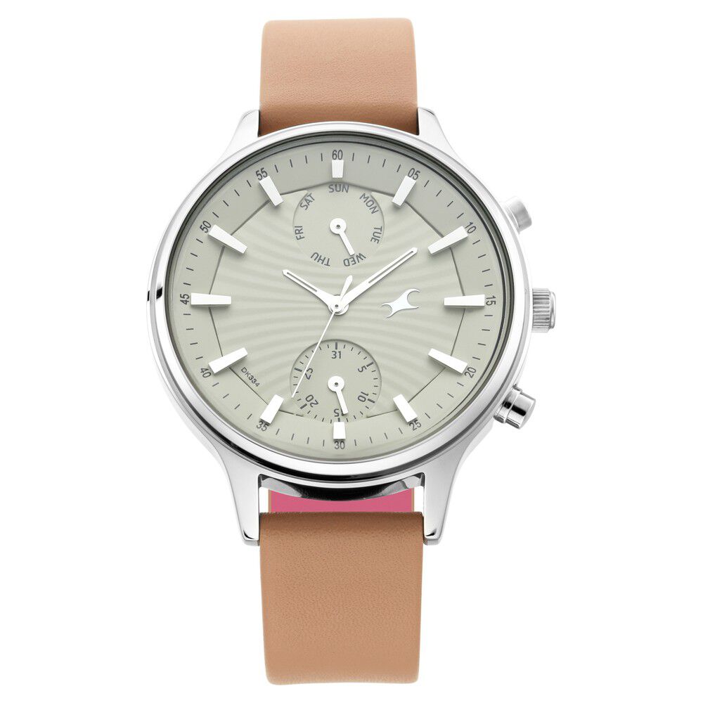 Fastrack Ruffles Quartz Multifunction Beige Dial Leather Strap Watch for Girls NS6208SL02