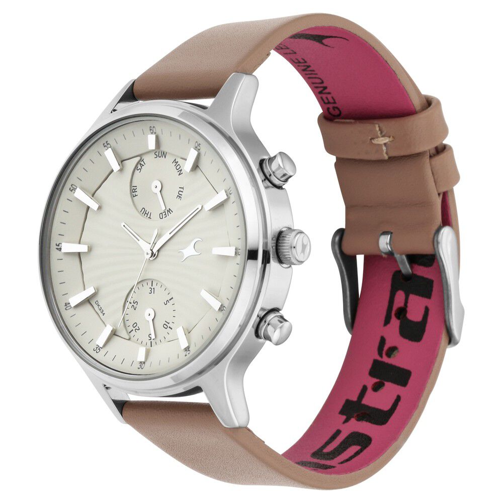 Fastrack Ruffles Quartz Multifunction Beige Dial Leather Strap Watch for Girls NS6208SL02