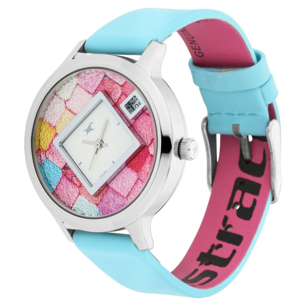 Fastrack Fit Outs Quartz Analog with Date Multicoloured Dial Leather Strap Watch for Girls NR6210SL01