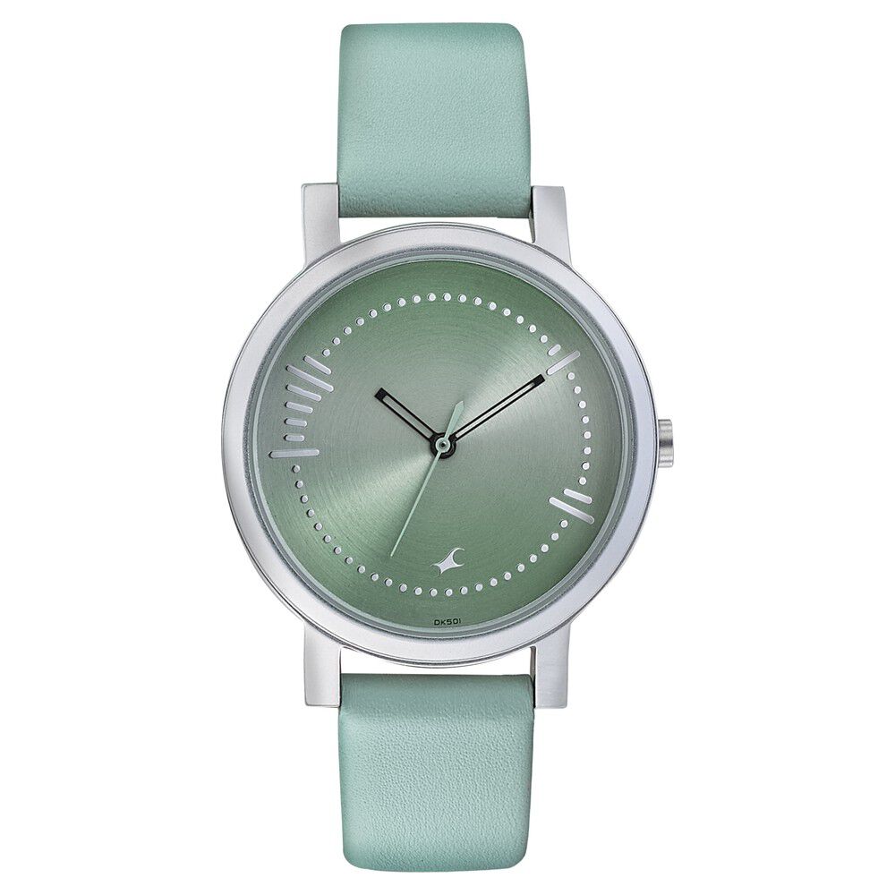 Fastrack Sunburn Quartz Analog Green Dial Leather Strap Watch for Girls NP6213SL01