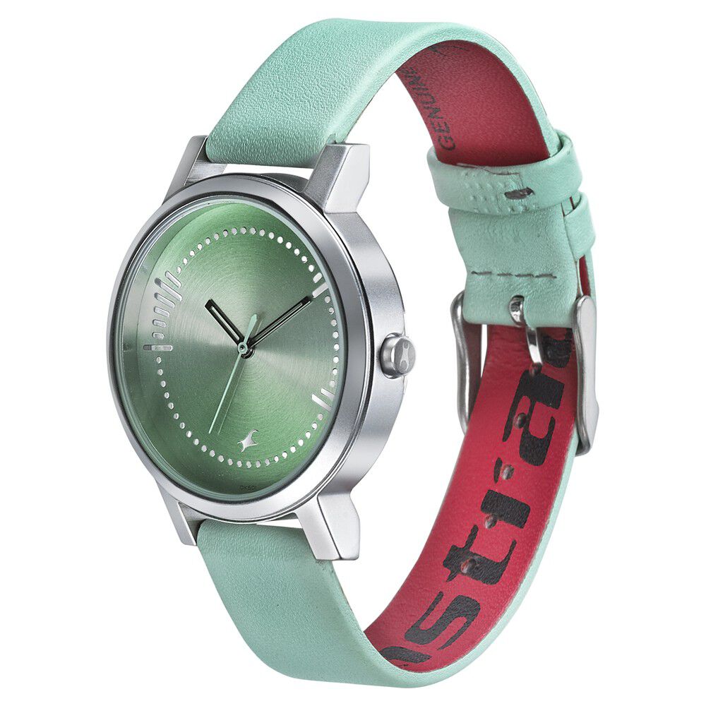 Fastrack Sunburn Quartz Analog Green Dial Leather Strap Watch for Girls NP6213SL01