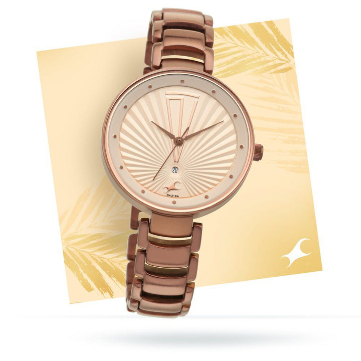 Fastrack Ruffles Quartz Analog with Date Beige Dial Stainless Steel Strap Watch for Girls NS6216QM01