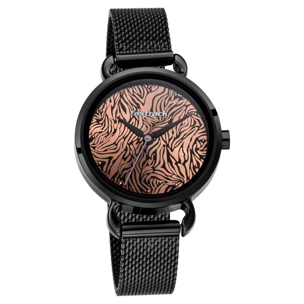 Fastrack Animal Print Quartz Analog Rose Gold Dial Stainless Steel Strap Watch for Girls NR6221NM01