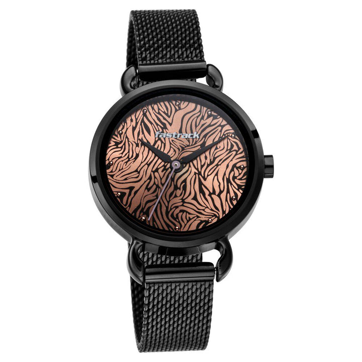 Fastrack Animal Print Quartz Analog Rose Gold Dial Stainless Steel Strap Watch for Girls NR6221NM01