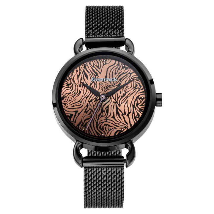Fastrack Animal Print Quartz Analog Rose Gold Dial Stainless Steel Strap Watch for Girls NR6221NM01