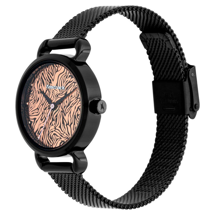 Fastrack Animal Print Quartz Analog Rose Gold Dial Stainless Steel Strap Watch for Girls NR6221NM01