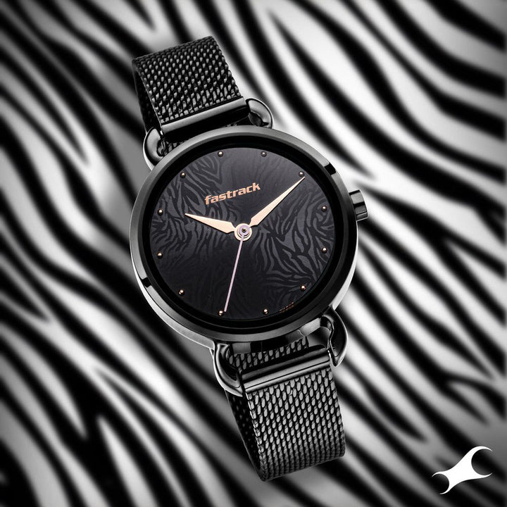 Fastrack Animal Print Quartz Analog Black Dial Stainless Steel Strap Watch for Girls NR6221NM02