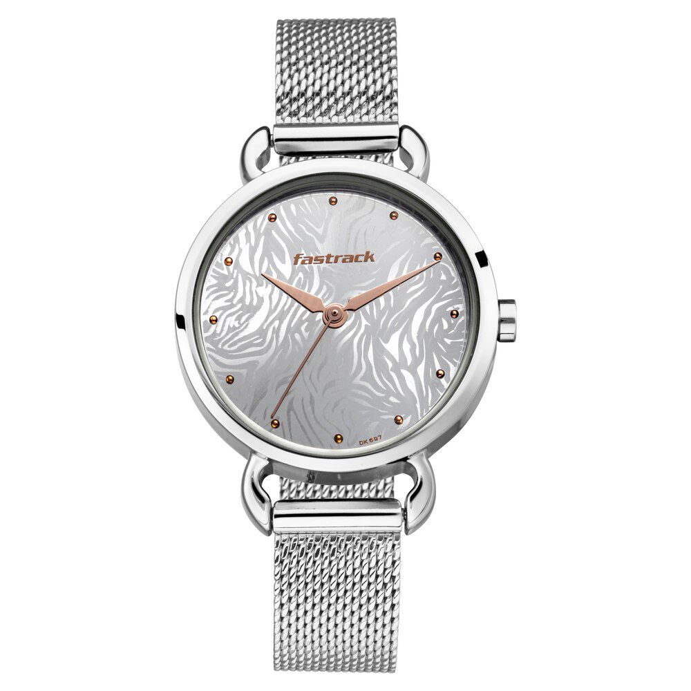 Fastrack Animal Print Quartz Analog Silver Dial Stainless Steel Strap Watch for Girls NS6221SM01