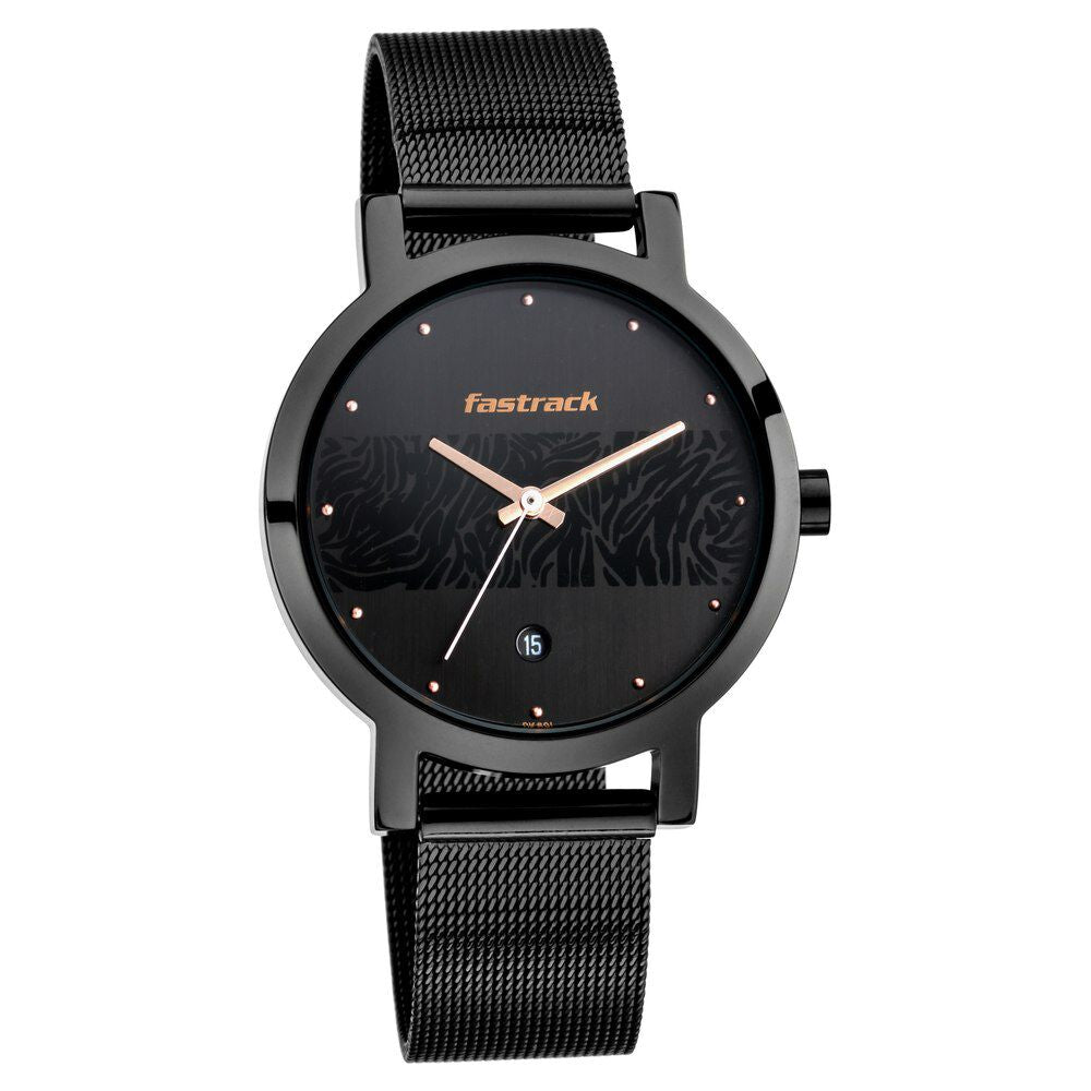 Fastrack Animal Print Quartz Analog with Date Black Dial Stainless Steel Strap Watch for Girls NP6222NM01
