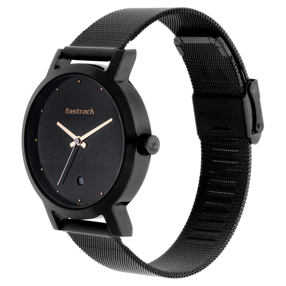 Fastrack Animal Print Quartz Analog with Date Black Dial Stainless Steel Strap Watch for Girls NP6222NM01