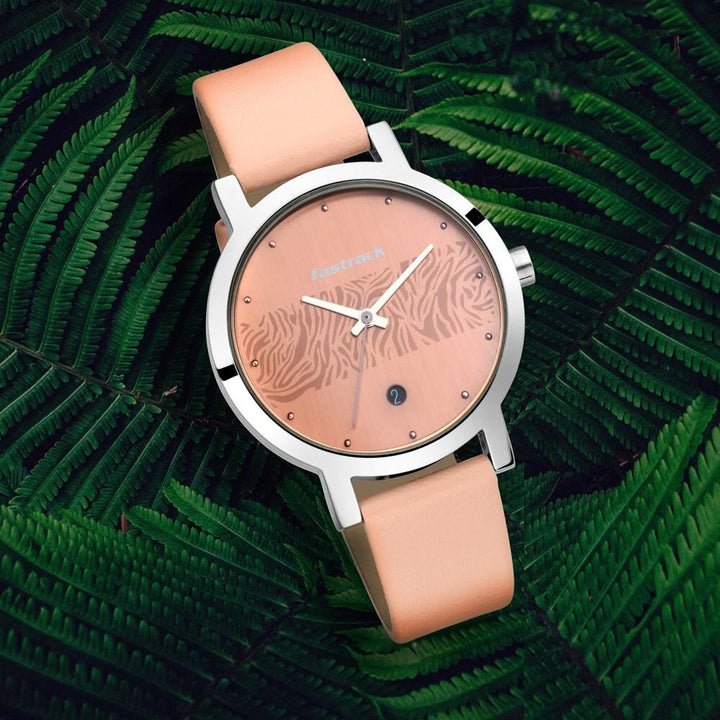 Fastrack Animal Print Quartz Analog with Date Rose Gold Dial Leather Strap Watch for Girls NS6222SL03
