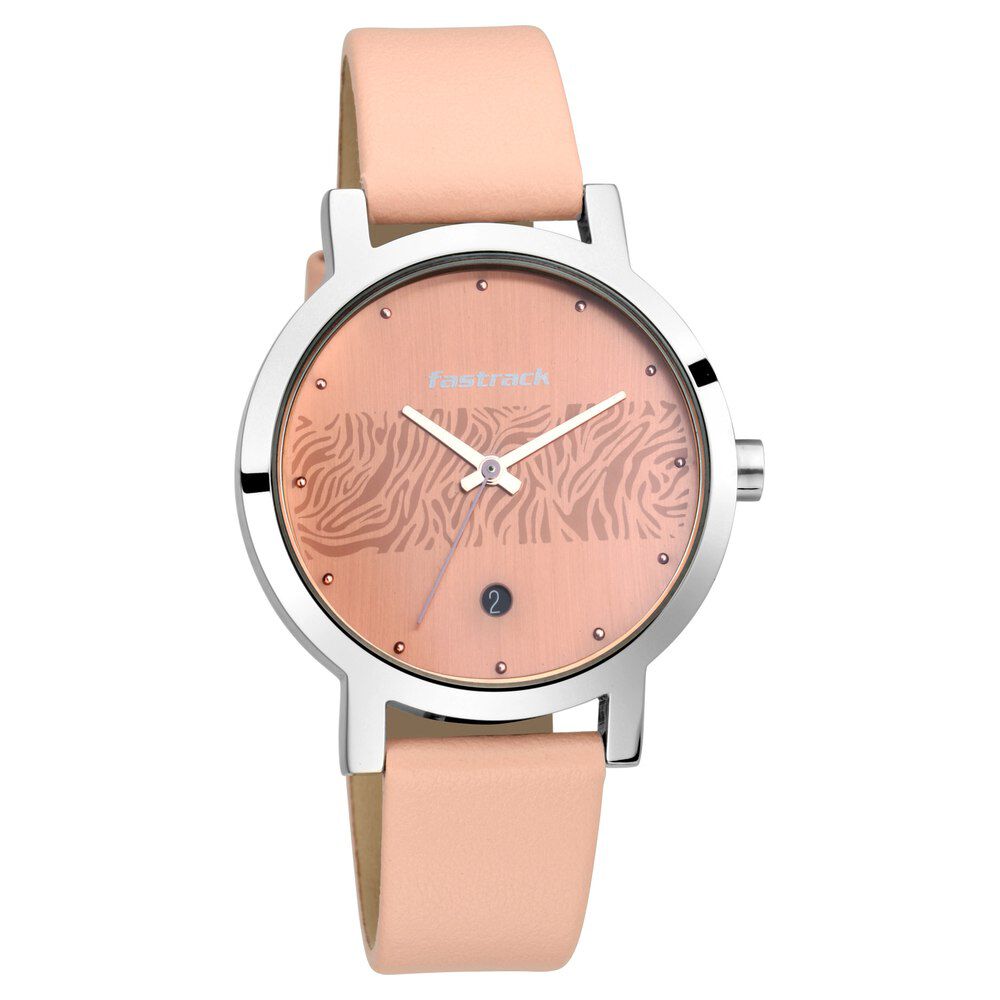 Fastrack Animal Print Quartz Analog with Date Rose Gold Dial Leather Strap Watch for Girls NS6222SL03