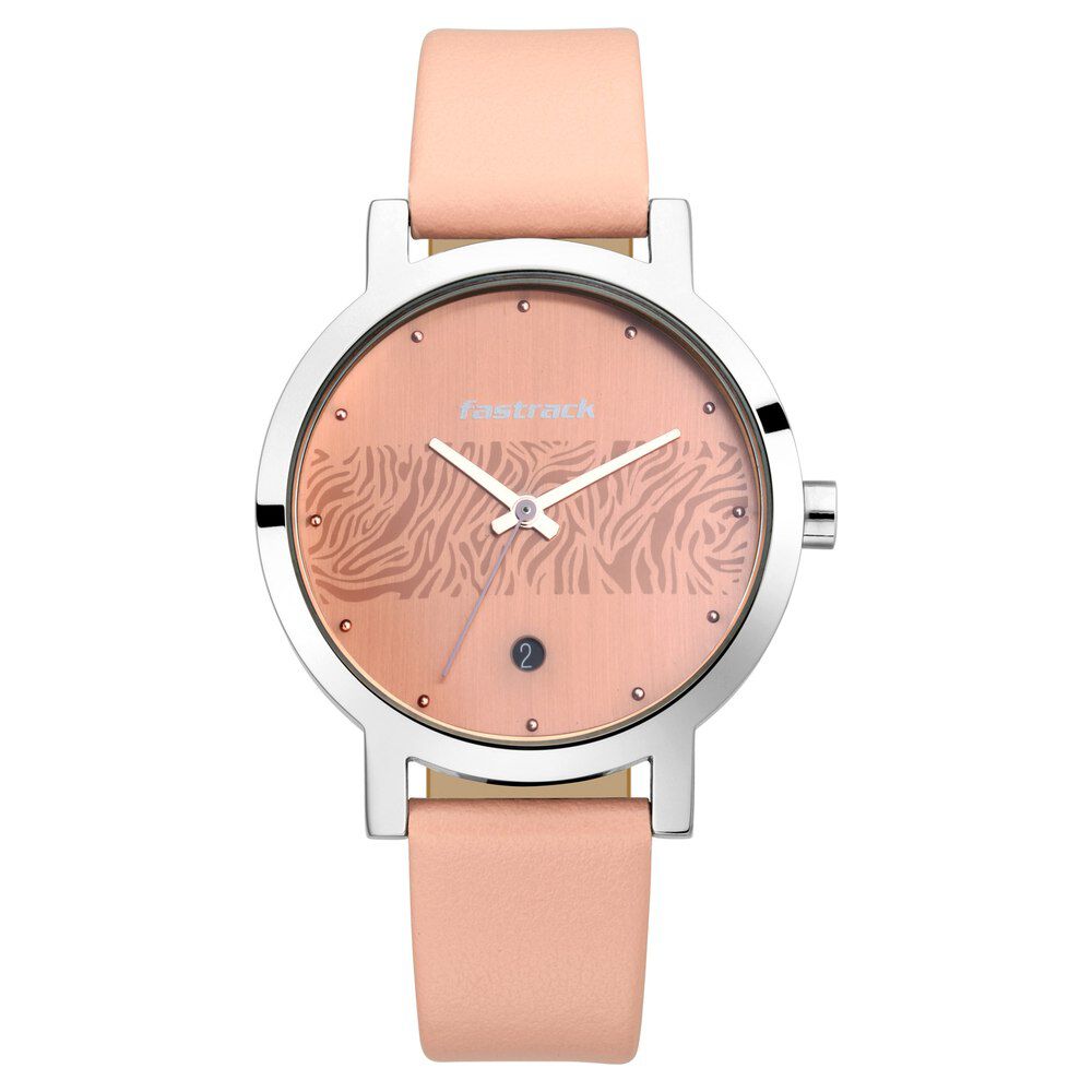 Fastrack Animal Print Quartz Analog with Date Rose Gold Dial Leather Strap Watch for Girls NS6222SL03