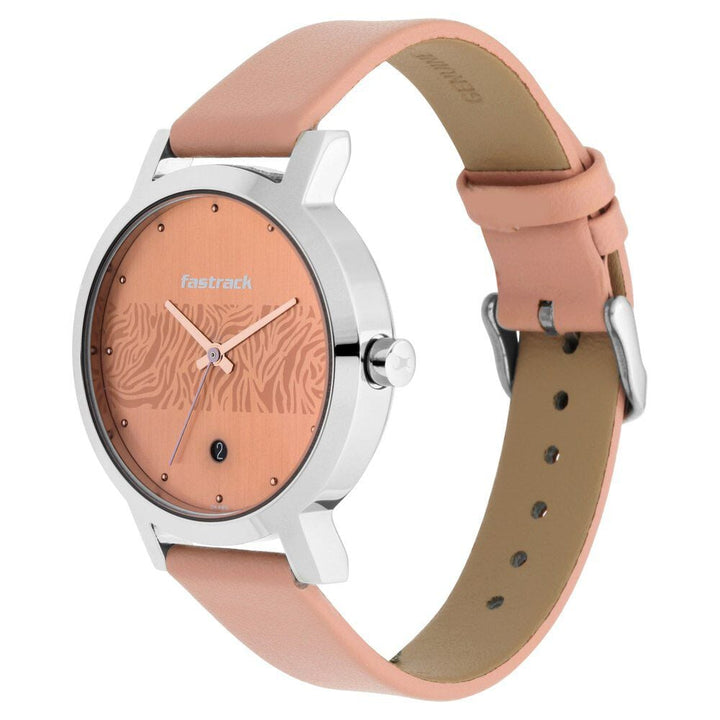 Fastrack Animal Print Quartz Analog with Date Rose Gold Dial Leather Strap Watch for Girls NS6222SL03