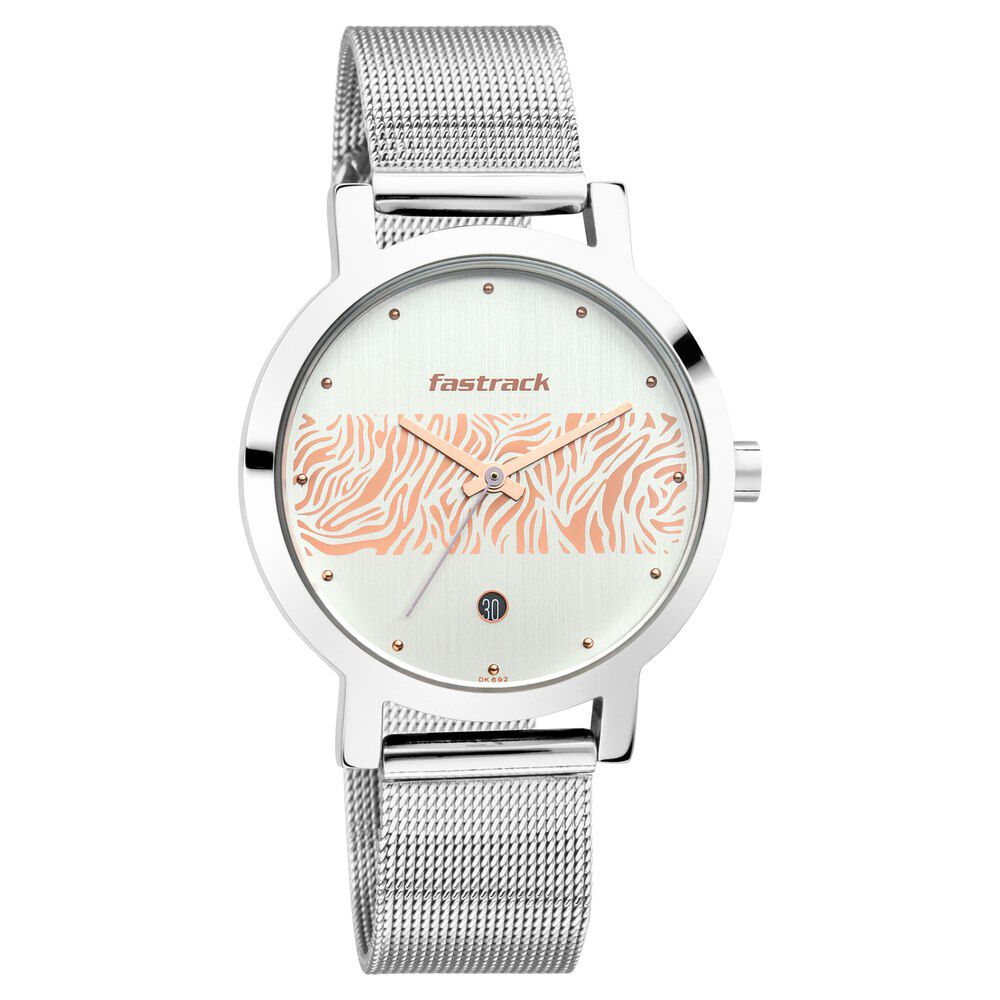 Fastrack Animal Print Quartz Analog with Date Bicolour Dial Stainless Steel Strap Watch for Girls NS6222SM03