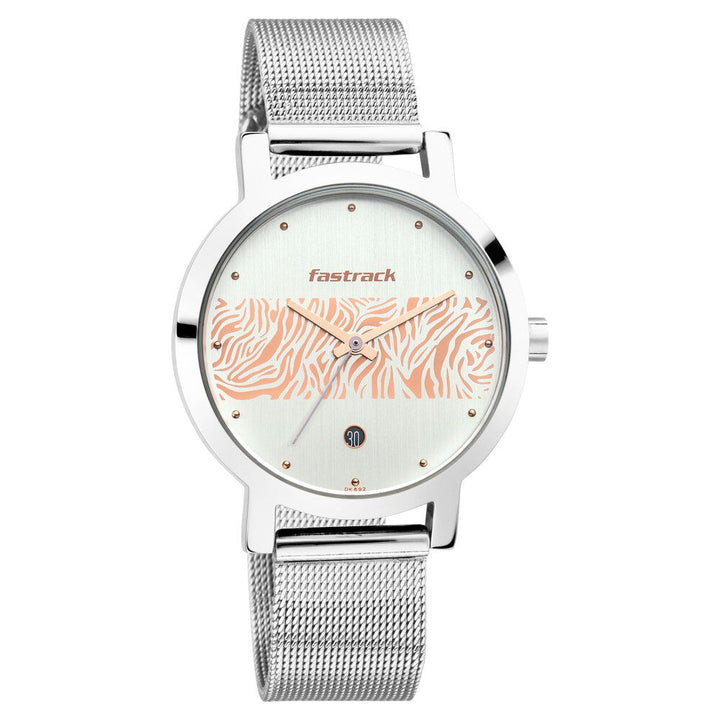 Fastrack Animal Print Quartz Analog with Date Bicolour Dial Stainless Steel Strap Watch for Girls NS6222SM03