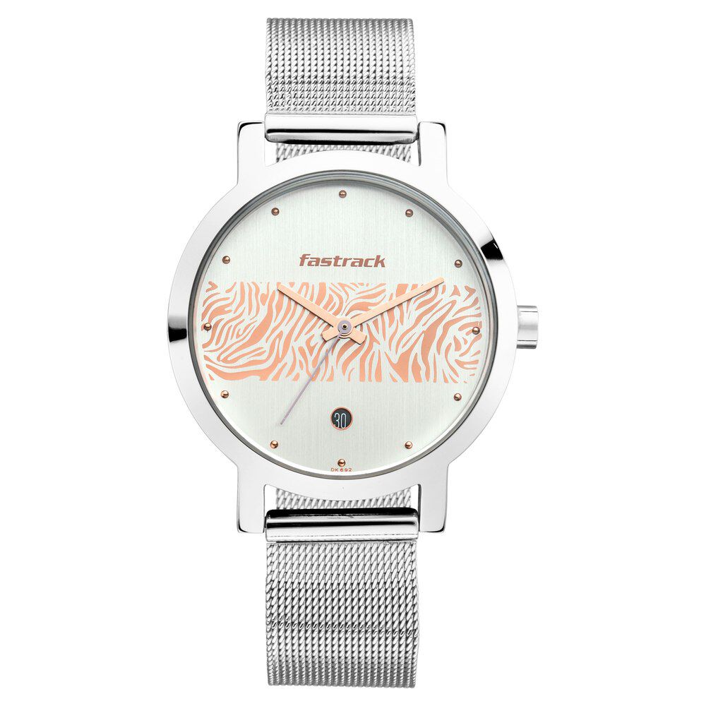 Fastrack Animal Print Quartz Analog with Date Bicolour Dial Stainless Steel Strap Watch for Girls NS6222SM03