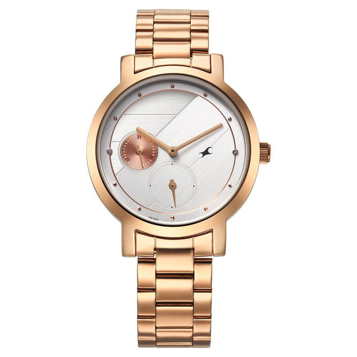 Fastrack Tick Tock Quartz Analog Silver Dial With Rose Gold Stainless steel Strap Watch for Girls 6225WM01