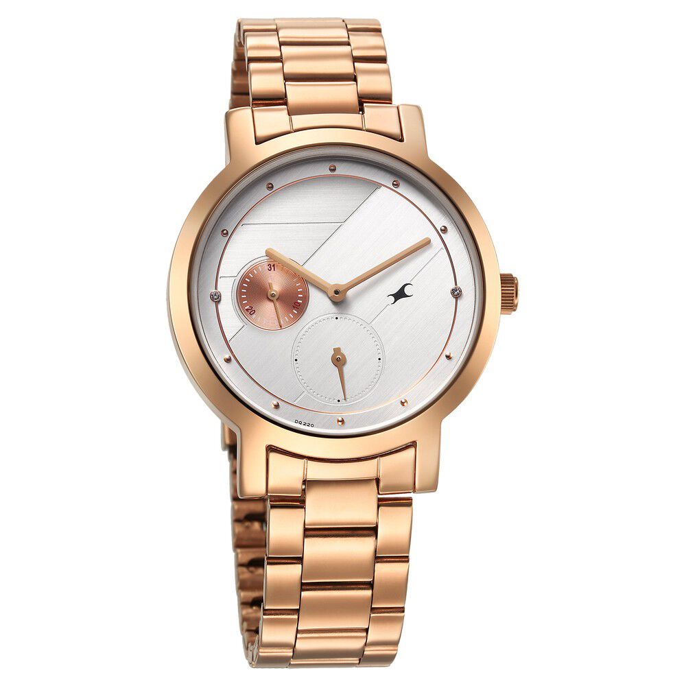 Fastrack Tick Tock Quartz Analog Silver Dial With Rose Gold Stainless steel Strap Watch for Girls 6225WM01