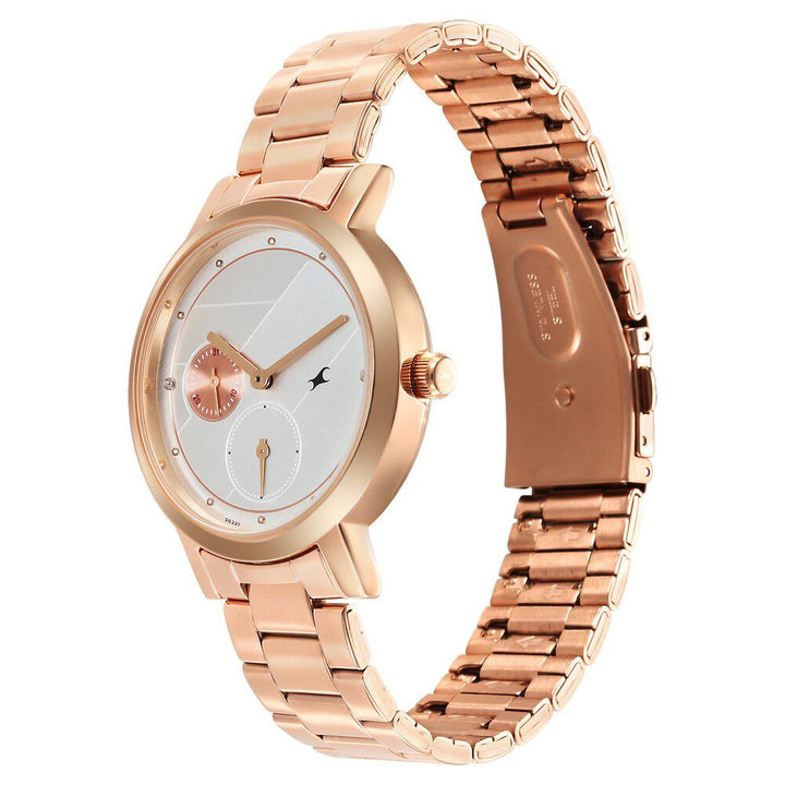 Fastrack Tick Tock Quartz Analog Silver Dial With Rose Gold Stainless steel Strap Watch for Girls 6225WM01