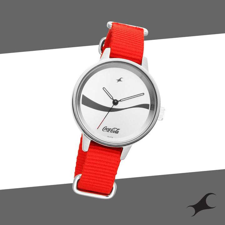 Fastrack Coca Cola Edition By Fastrack Quartz Analog Silver Dial Nylon Strap Watch for Girls 6256SP03