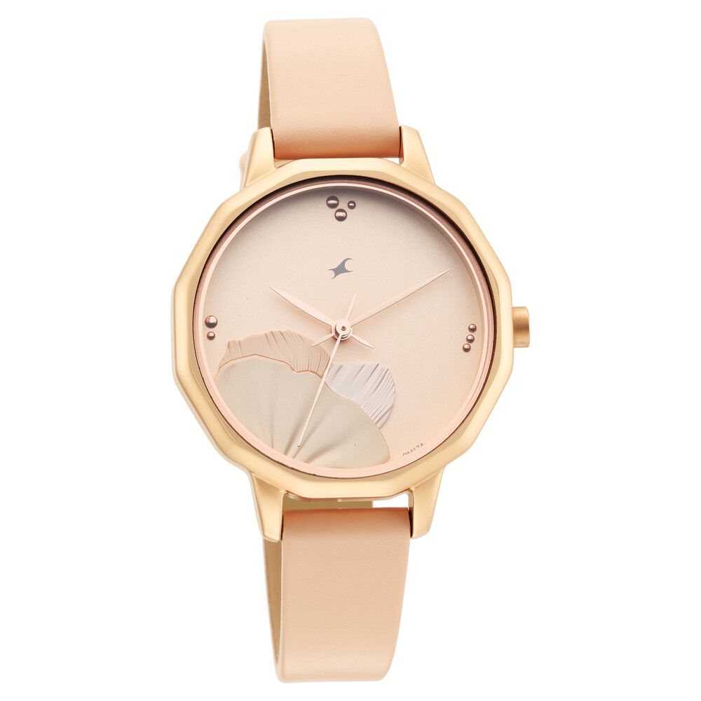 Fastrack Uptown Retreat Quartz Analog Rose Gold Dial Leather Strap Watch for Girls NS6259WL01