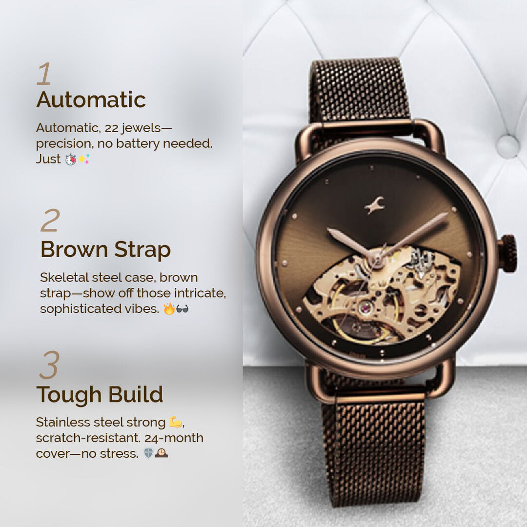 Fastrack Automatics Brown Dial Stainless Steel Strap Watch for Girls NS6288QM01